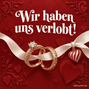 Zwei verschlungene Ringe mit Diamant an einer weißen Schleife vor rotem Herzmuster, Schrift "Wir haben uns verlobt!"
