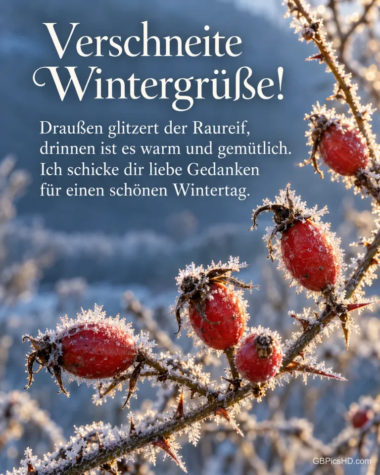Hagebutten an einem Zweig glitzern voller Raureif in der ersten Morgensonne, dazu "Verschneite Wintergrüße!".
