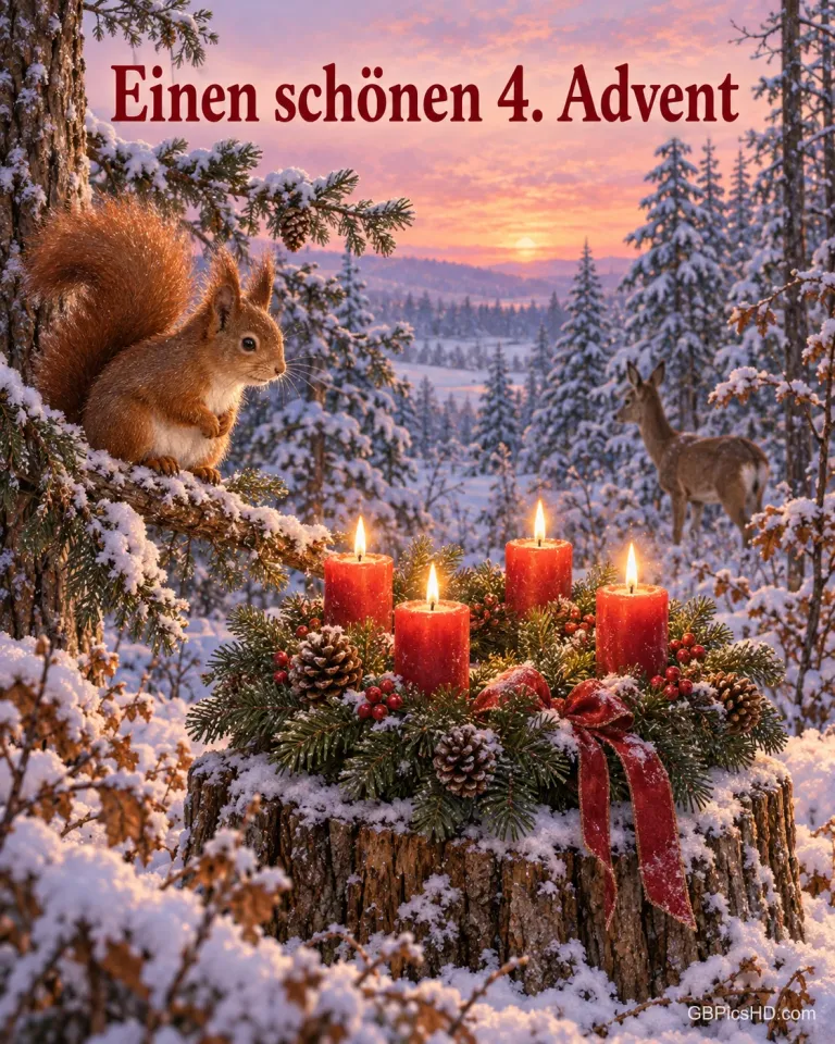 Ein Eichhörnchen auf einem Ast und ein Reh am verschneiten Waldrand, vorn auf einem Baumstumpf ein Adventskranz mit vier brennenden Kerzen, dazu „Einen schönen 4. Advent“.