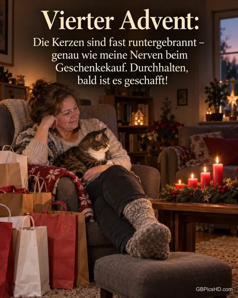 Eine müde, lächelnde Frau legt neben Einkaufstüten die Füße hoch, eine Katze auf dem Schoß, am Adventskranz brennen vier Kerzen, dazu „Vierter Advent“.