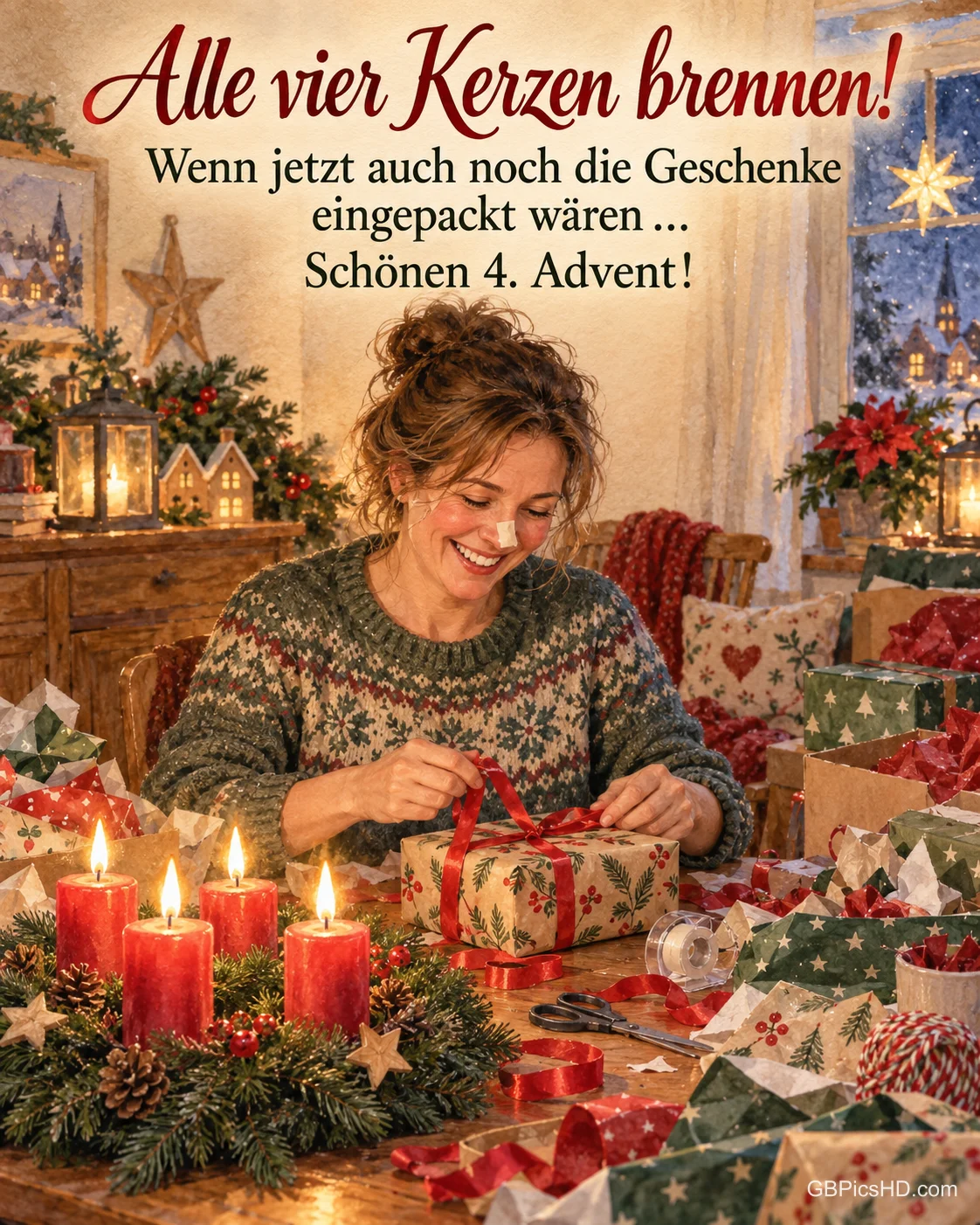 Eine Frau sitzt lachend zwischen Geschenkpapier und unverpackten Geschenken, ein Klebestreifen klebt auf ihrer Nase, auf dem Tisch brennen alle vier Kerzen, dazu "Alle vier Kerzen brennen!".