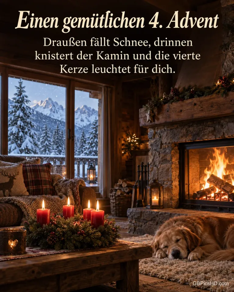Ein knisternder Kamin in einer Almhütte, ein Hund schläft auf dem Teppich, draußen verschneite Gipfel, auf dem Tisch brennen vier Kerzen, dazu „Einen gemütlichen 4. Advent“.