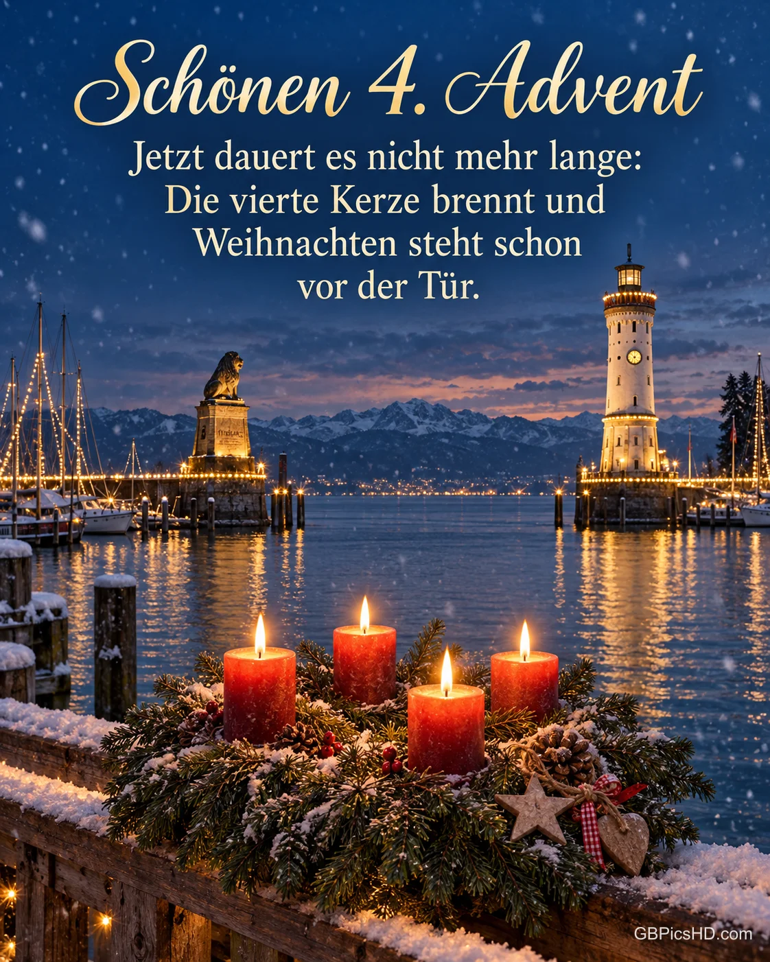 Der Hafen von Lindau am Bodensee mit Leuchtturm und Löwe im Winter, vorn auf dem Geländer brennen vier Kerzen am Adventskranz, dazu „Schönen 4. Advent“. Der Hafen von Lindau am Bodensee mit Leuchtturm und Löwe im Winter, vorn auf dem Geländer brennen vier Kerzen am Adventskranz, dazu „Schönen 4. Advent“.