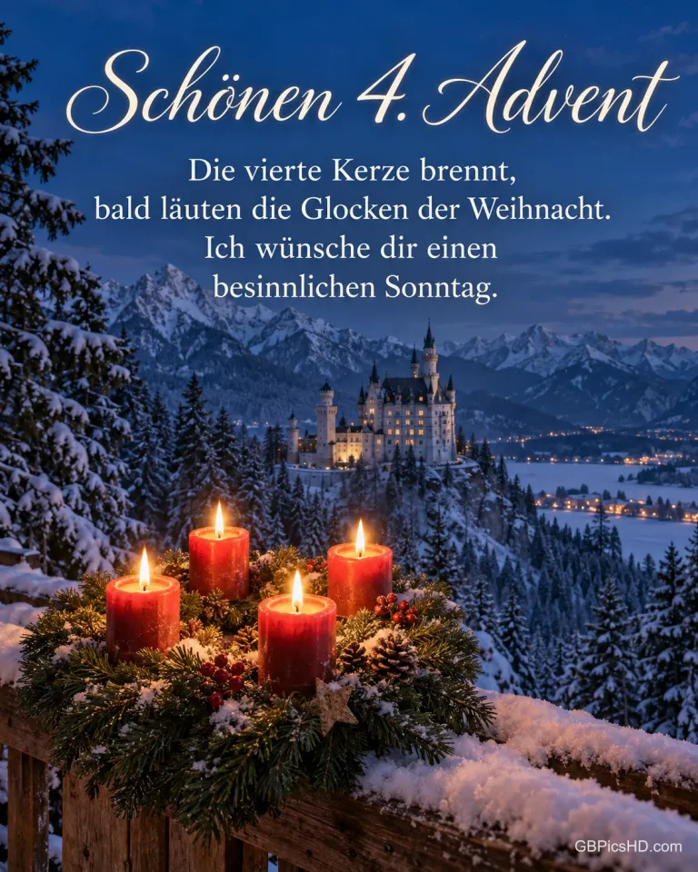 Schloss Neuschwanstein im tiefen Schnee zur blauen Stunde, vorn auf einem verschneiten Holzgeländer ein Adventskranz mit vier brennenden Kerzen, dazu "Schönen 4. Advent".