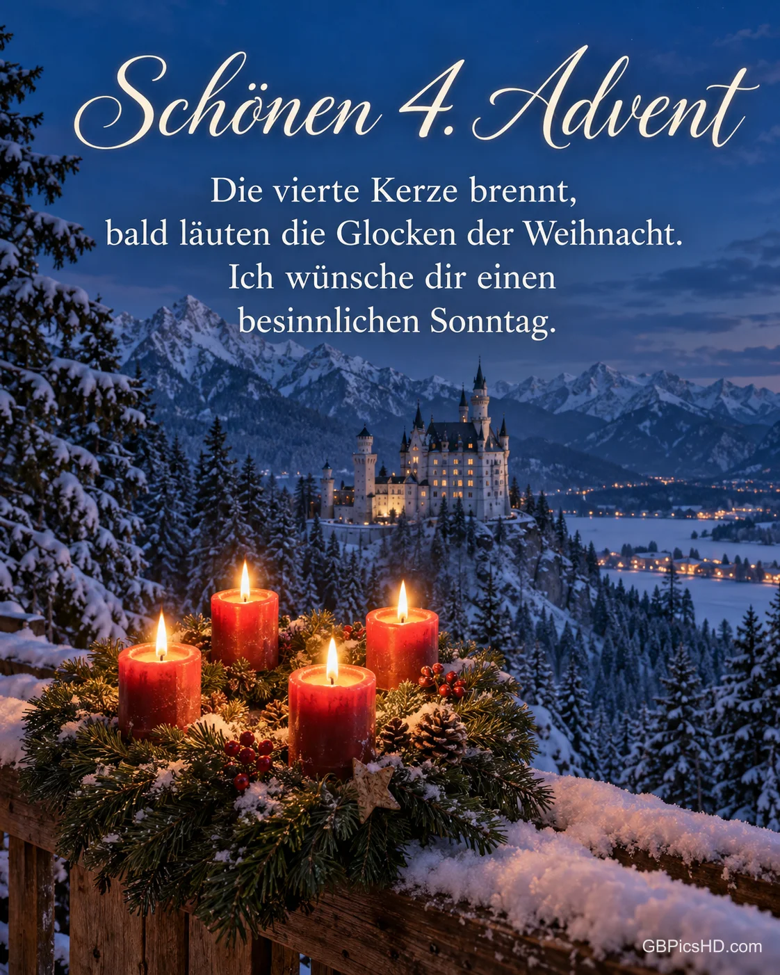 Schloss Neuschwanstein im tiefen Schnee zur blauen Stunde, vorn auf einem verschneiten Holzgeländer ein Adventskranz mit vier brennenden Kerzen, dazu "Schönen 4. Advent". Schloss Neuschwanstein im tiefen Schnee zur blauen Stunde, vorn auf einem verschneiten Holzgeländer ein Adventskranz mit vier brennenden Kerzen, dazu "Schönen 4. Advent".