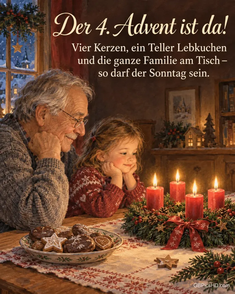 Ein Opa und seine kleine Enkelin schauen am Familientisch auf die vier brennenden Kerzen am Adventskranz, daneben ein Teller Lebkuchen, dazu „Der 4. Advent ist da!“.