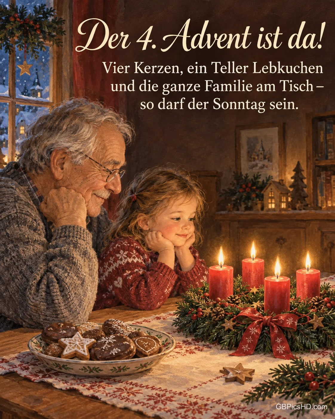 Ein Opa und seine kleine Enkelin schauen am Familientisch auf die vier brennenden Kerzen am Adventskranz, daneben ein Teller Lebkuchen, dazu „Der 4. Advent ist da!“. Ein Opa und seine kleine Enkelin schauen am Familientisch auf die vier brennenden Kerzen am Adventskranz, daneben ein Teller Lebkuchen, dazu „Der 4. Advent ist da!“.