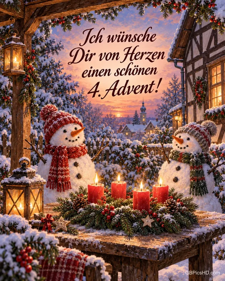 Zwei Schneemänner mit Strickschals im verschneiten Vorgarten eines Fachwerkhauses, auf dem Gartentisch brennen vier Kerzen am Adventskranz, dazu „Ich wünsche Dir von Herzen einen schönen 4. Advent!“.