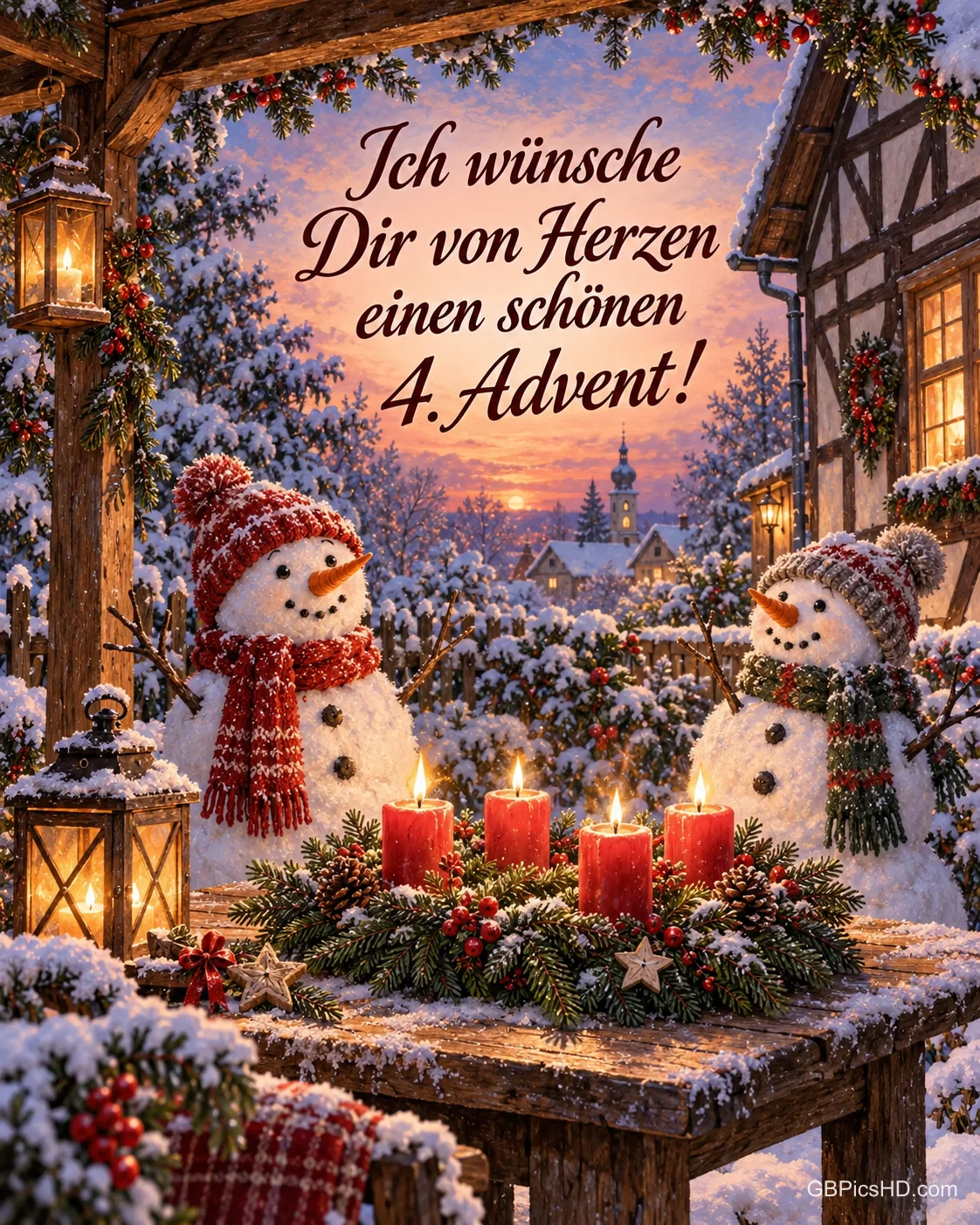 Zwei Schneemänner mit Strickschals im verschneiten Vorgarten eines Fachwerkhauses, auf dem Gartentisch brennen vier Kerzen am Adventskranz, dazu „Ich wünsche Dir von Herzen einen schönen 4. Advent!“.