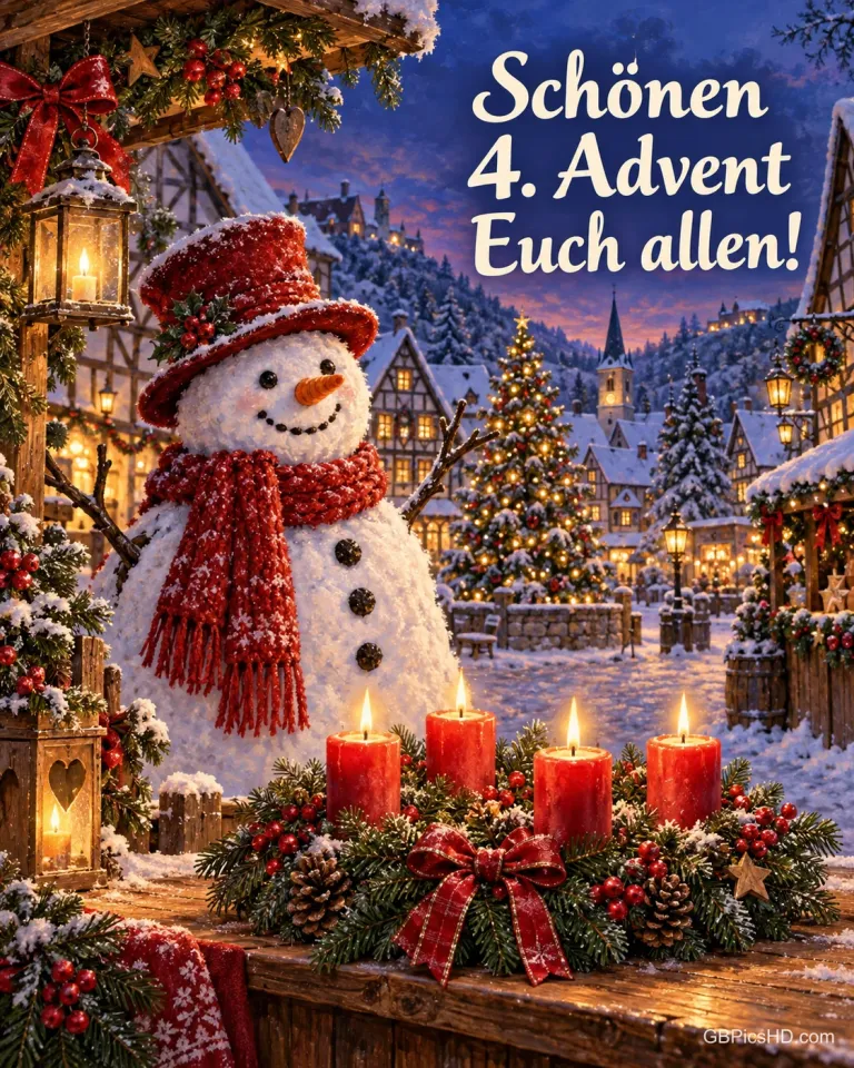 Ein Schneemann mit rotem Schal auf einem verschneiten Dorfplatz mit Weihnachtsbaum und Fachwerkhäusern, vorn ein Adventskranz mit vier brennenden Kerzen, dazu „Schönen 4. Advent Euch allen!“.