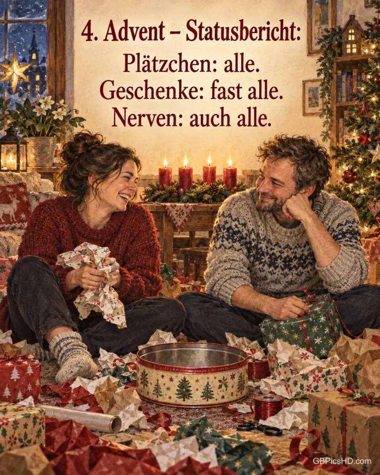 Ein Paar sitzt lachend zwischen Geschenkpapier und Schleifen auf dem Boden, dazwischen eine leere Plätzchendose, dazu „4. Advent – Statusbericht“.