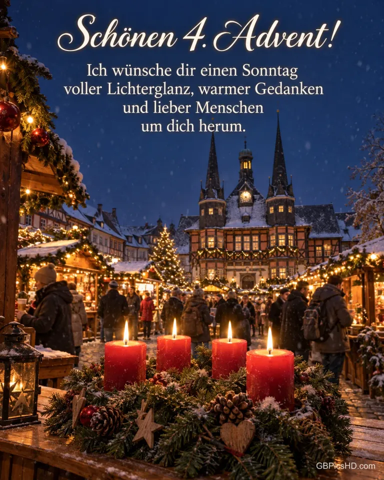 Der Weihnachtsmarkt vor dem Fachwerkrathaus in Wernigerode in der Dämmerung, vorn auf einem Tresen brennen vier Kerzen am Adventskranz, dazu „Schönen 4. Advent!“.