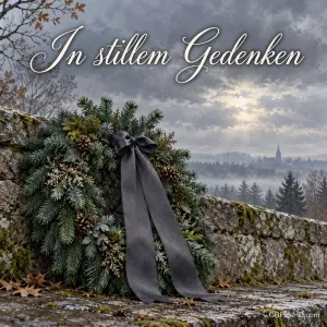 Ein Kranz aus Tannenzweigen mit schlichter dunkler Schleife lehnt an einer alten Steinmauer unter grauem Novemberhimmel, darüber "In stillem Gedenken".