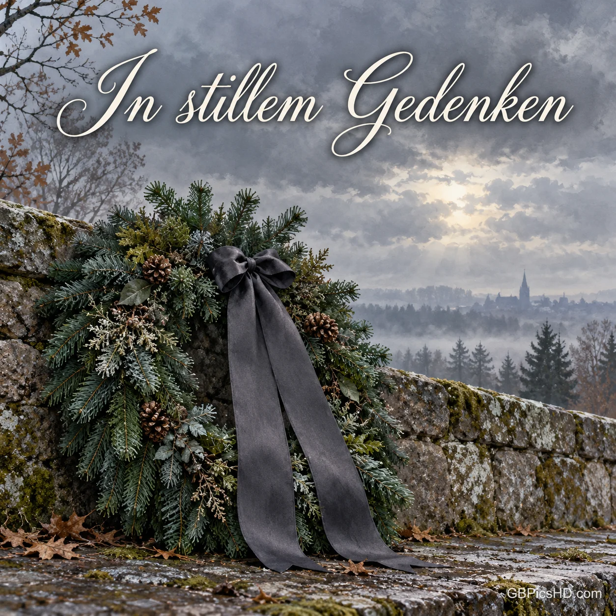 Ein Kranz aus Tannenzweigen mit schlichter dunkler Schleife lehnt an einer alten Steinmauer unter grauem Novemberhimmel, darüber "In stillem Gedenken". Ein Kranz aus Tannenzweigen mit schlichter dunkler Schleife lehnt an einer alten Steinmauer unter grauem Novemberhimmel, darüber "In stillem Gedenken".