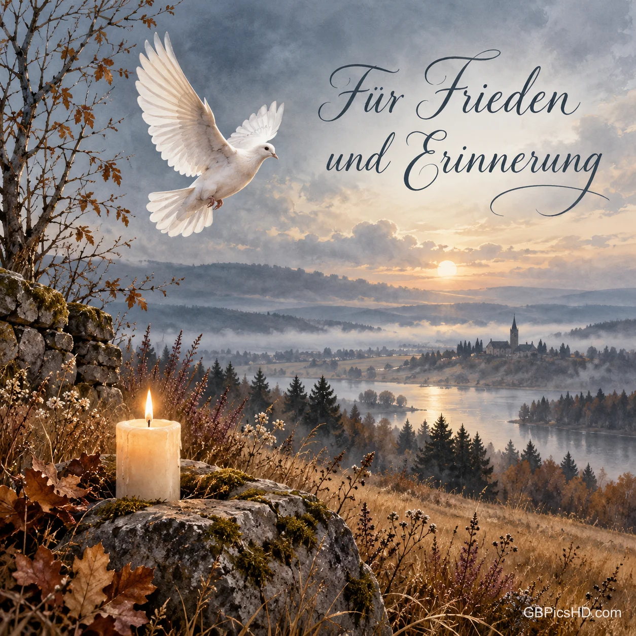 Eine weiße Taube fliegt über eine herbstliche Landschaft, im Vordergrund brennt eine Kerze auf einem Stein, dazu "Für Frieden und Erinnerung". Eine weiße Taube fliegt über eine herbstliche Landschaft, im Vordergrund brennt eine Kerze auf einem Stein, dazu "Für Frieden und Erinnerung".