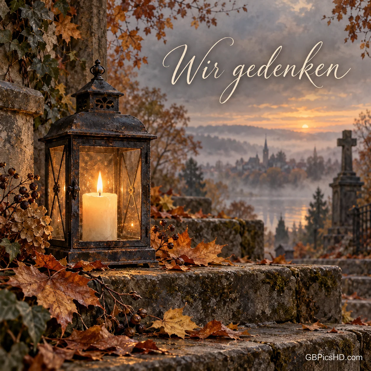 Eine Laterne mit brennender Kerze steht zwischen Herbstlaub auf alten Steinstufen in gedämpften Farben, dazu die Worte "Wir gedenken". Eine Laterne mit brennender Kerze steht zwischen Herbstlaub auf alten Steinstufen in gedämpften Farben, dazu die Worte "Wir gedenken".