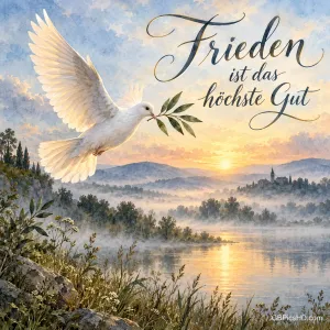 Eine weiße Taube mit Olivenzweig fliegt über eine neblige Flusslandschaft bei Sonnenaufgang mit dem Text "Frieden ist das höchste Gut".