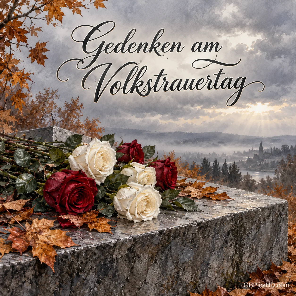 Rote und weiße Rosen liegen auf einem schlichten Gedenkstein ohne Inschrift zwischen Herbstblättern, darüber "Gedenken am Volkstrauertag". Rote und weiße Rosen liegen auf einem schlichten Gedenkstein ohne Inschrift zwischen Herbstblättern, darüber "Gedenken am Volkstrauertag".