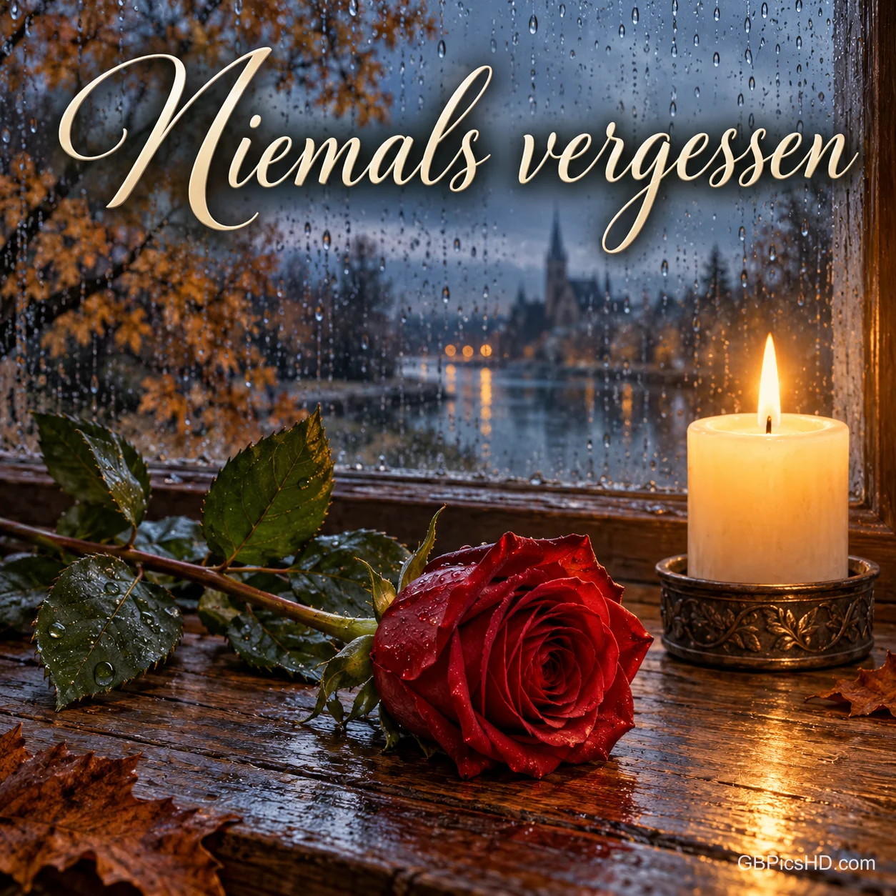Eine rote Rose und eine brennende Kerze liegen auf einem Holztisch vor einem regennassen Fenster, dazu die Worte "Niemals vergessen". Eine rote Rose und eine brennende Kerze liegen auf einem Holztisch vor einem regennassen Fenster, dazu die Worte "Niemals vergessen".