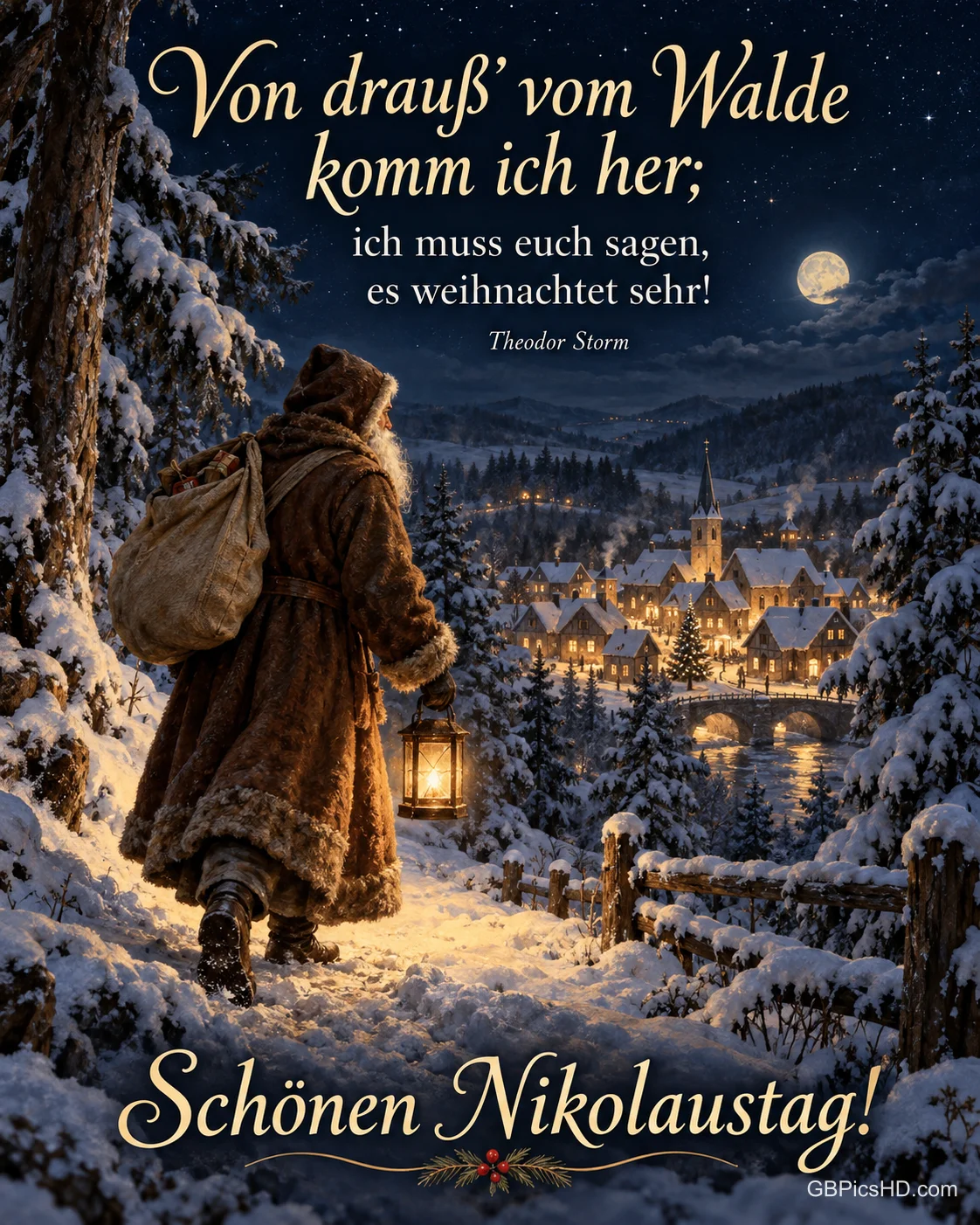Ein alter Mann mit weißem Bart, Laterne und Sack kommt nachts aus dem verschneiten Wald auf ein beleuchtetes Dorf zu, dazu "Von drauß' vom Walde komm ich her".