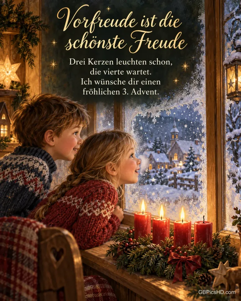 Zwei Kinder schauen durch ein bereiftes Fenster in den Schnee, auf der Fensterbank brennen drei Kerzen am Adventskranz, dazu "Vorfreude ist die schönste Freude".