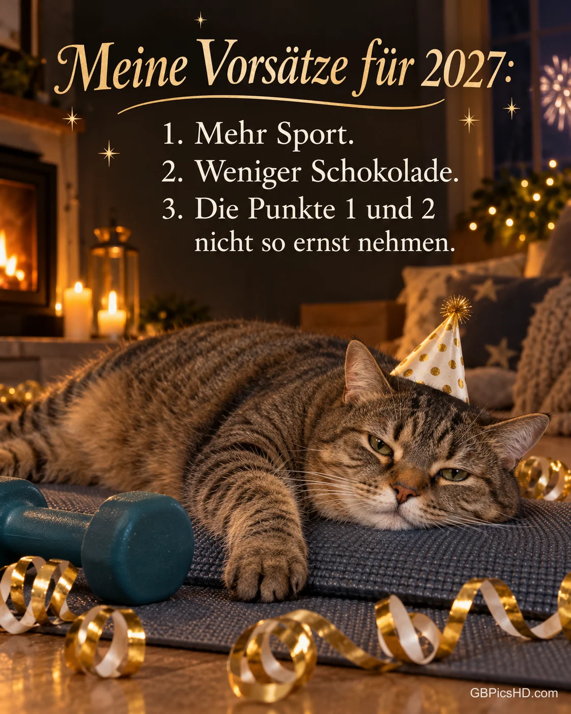 Eine dicke getigerte Katze mit Partyhut liegt gelangweilt auf einer Yogamatte neben einer Hantel, dazu "Meine Vorsätze für 2027".