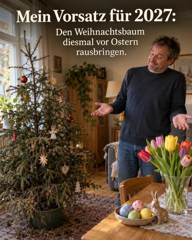 Ein trockener Weihnachtsbaum steht noch im Wohnzimmer neben Tulpen und Ostereiern, ein Mann zuckt verlegen grinsend mit den Schultern, dazu "Mein Vorsatz für 2027".