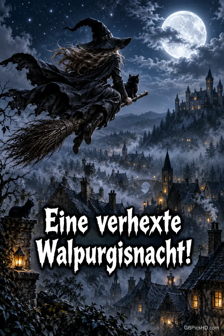 Hexe mit Katze fliegt auf einem Besen am Vollmond vorbei über ein nächtliches Bergdorf mit Burg, Schrift "Eine verhexte Walpurgisnacht!"