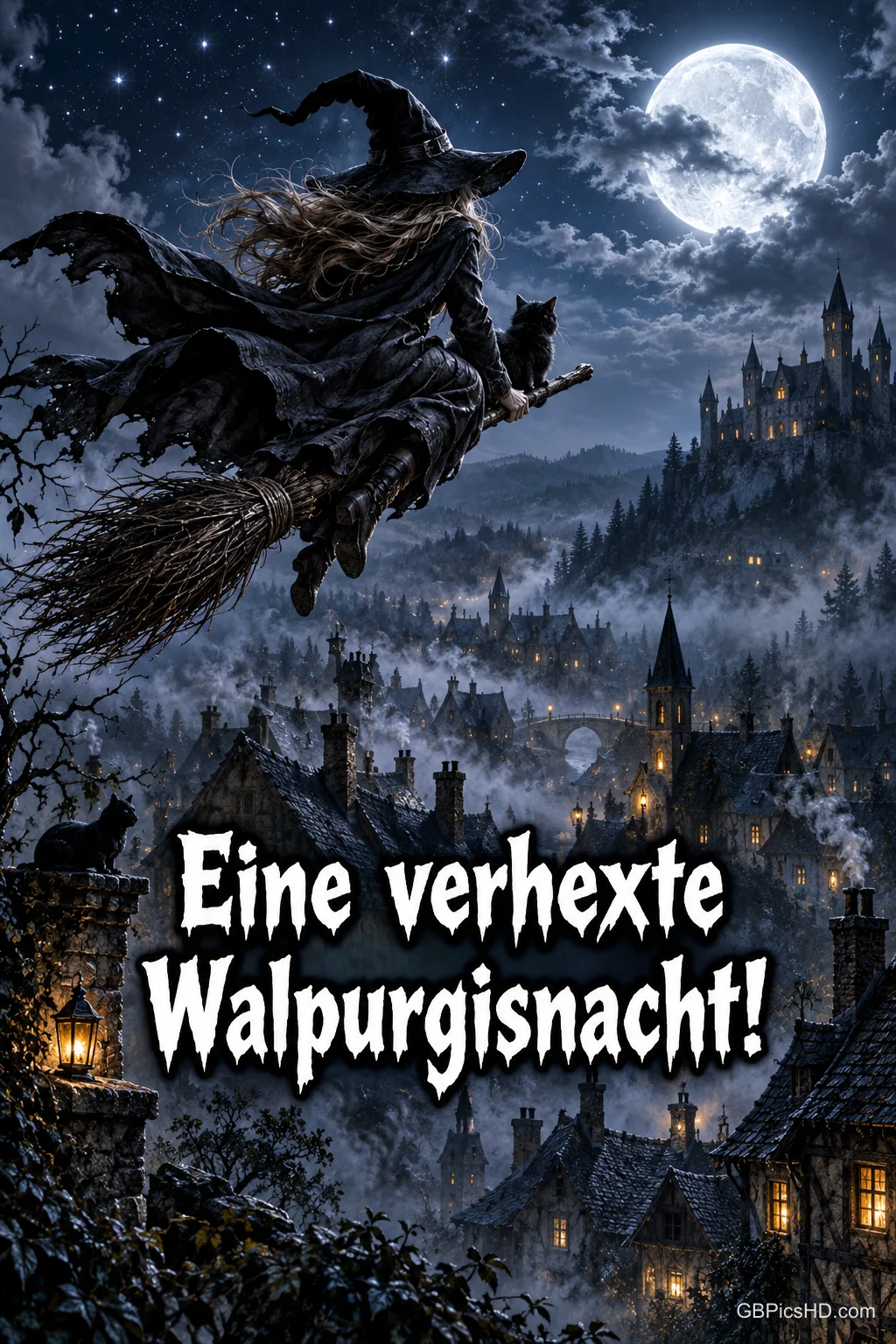 Hexe mit Katze fliegt auf einem Besen am Vollmond vorbei über ein nächtliches Bergdorf mit Burg, Schrift "Eine verhexte Walpurgisnacht!"