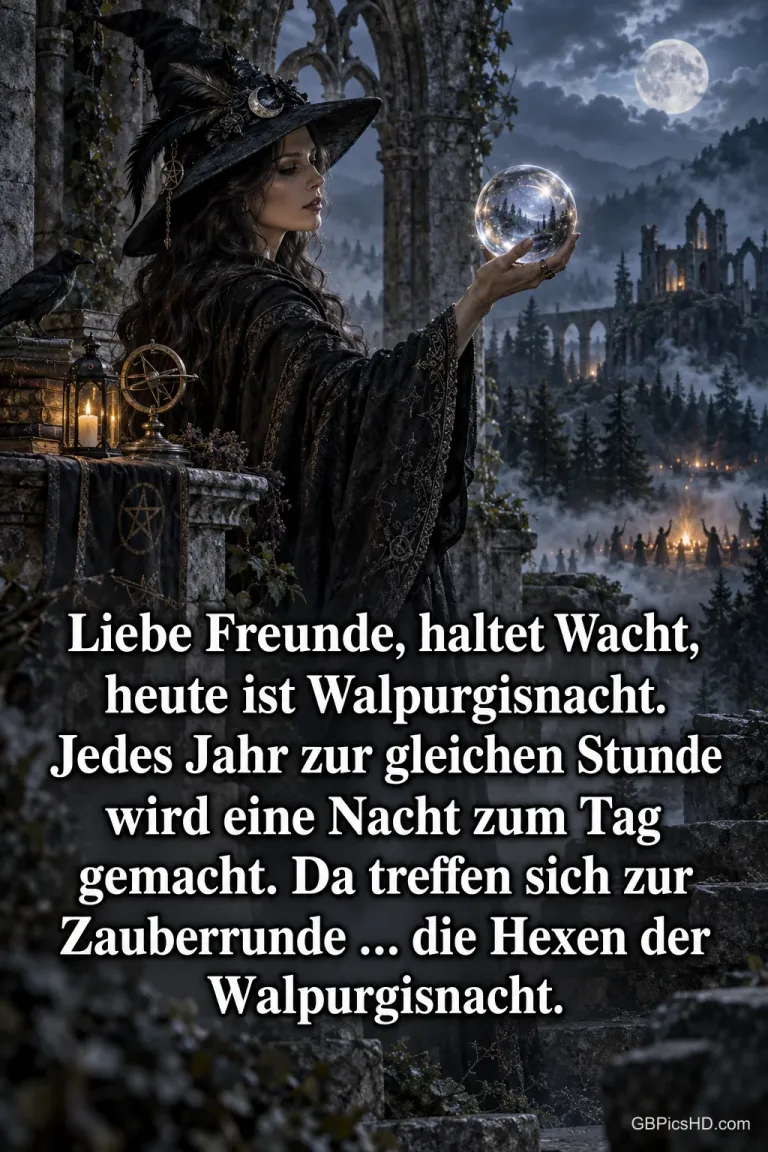 Hexe mit Federhut hält in einer Ruine eine Kristallkugel, im Tal tanzen Gestalten ums Feuer, Gedicht "Liebe Freunde, haltet Wacht, heute ist Walpurgisnacht"