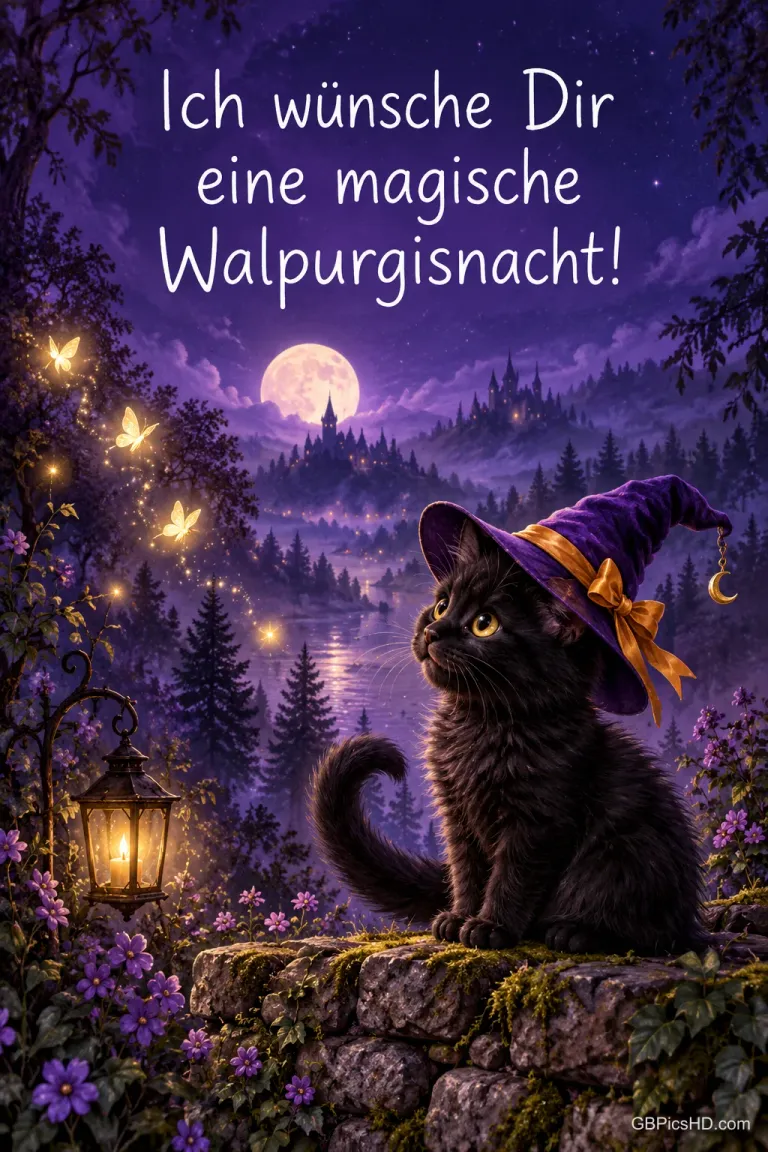 Schwarzes Kätzchen mit lila Hexenhut sitzt im Mondschein auf einer Mauer, umgeben von Glühwürmchen, Schrift "Ich wünsche Dir eine magische Walpurgisnacht!"