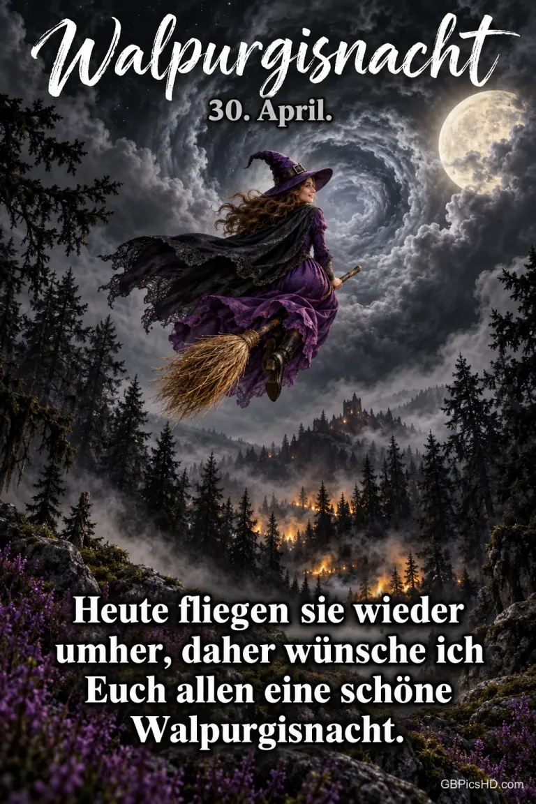 Hexe im lila Kleid fliegt auf dem Besen durch wirbelnde Wolken am Vollmond über einen nächtlichen Wald mit Feuern, Schrift "Heute fliegen sie wieder umher, daher wünsche ich Euch allen eine schöne Walpurgisnacht."
