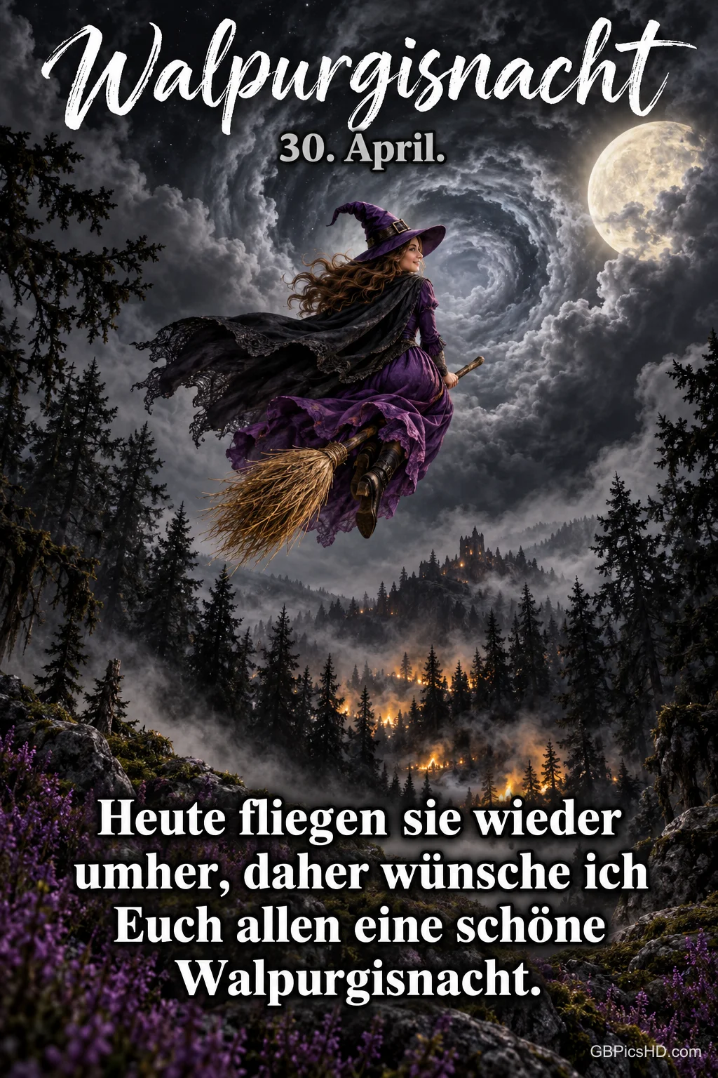 Hexe im lila Kleid fliegt auf dem Besen durch wirbelnde Wolken am Vollmond über einen nächtlichen Wald mit Feuern, Schrift "Heute fliegen sie wieder umher, daher wünsche ich Euch allen eine schöne Walpurgisnacht."
