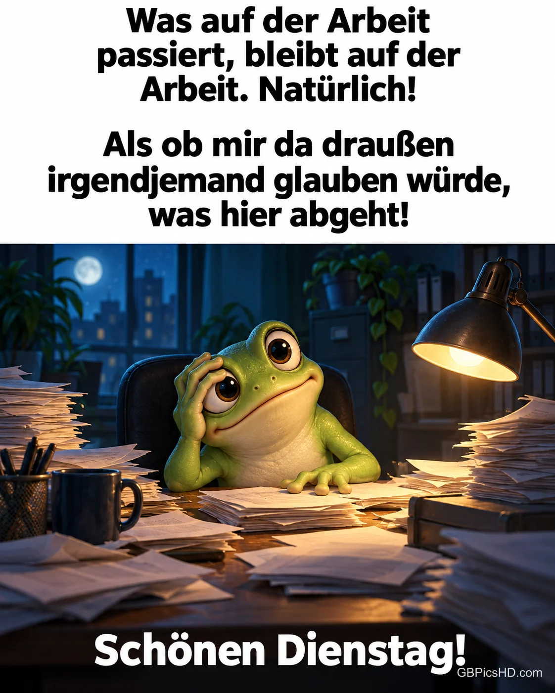 Ein ratloser kleiner Frosch sitzt spätabends zwischen Papierstapeln am Schreibtisch, darüber steht "Was auf der Arbeit passiert, bleibt auf der Arbeit. Natürlich!" und unten "Schönen Dienstag!".