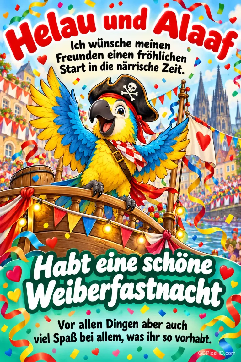 Papagei mit Piratenhut auf einem geschmückten Karnevalsschiff vor Konfetti und Domtürmen, Schrift "Helau und Alaaf" und "Habt eine schöne Weiberfastnacht"