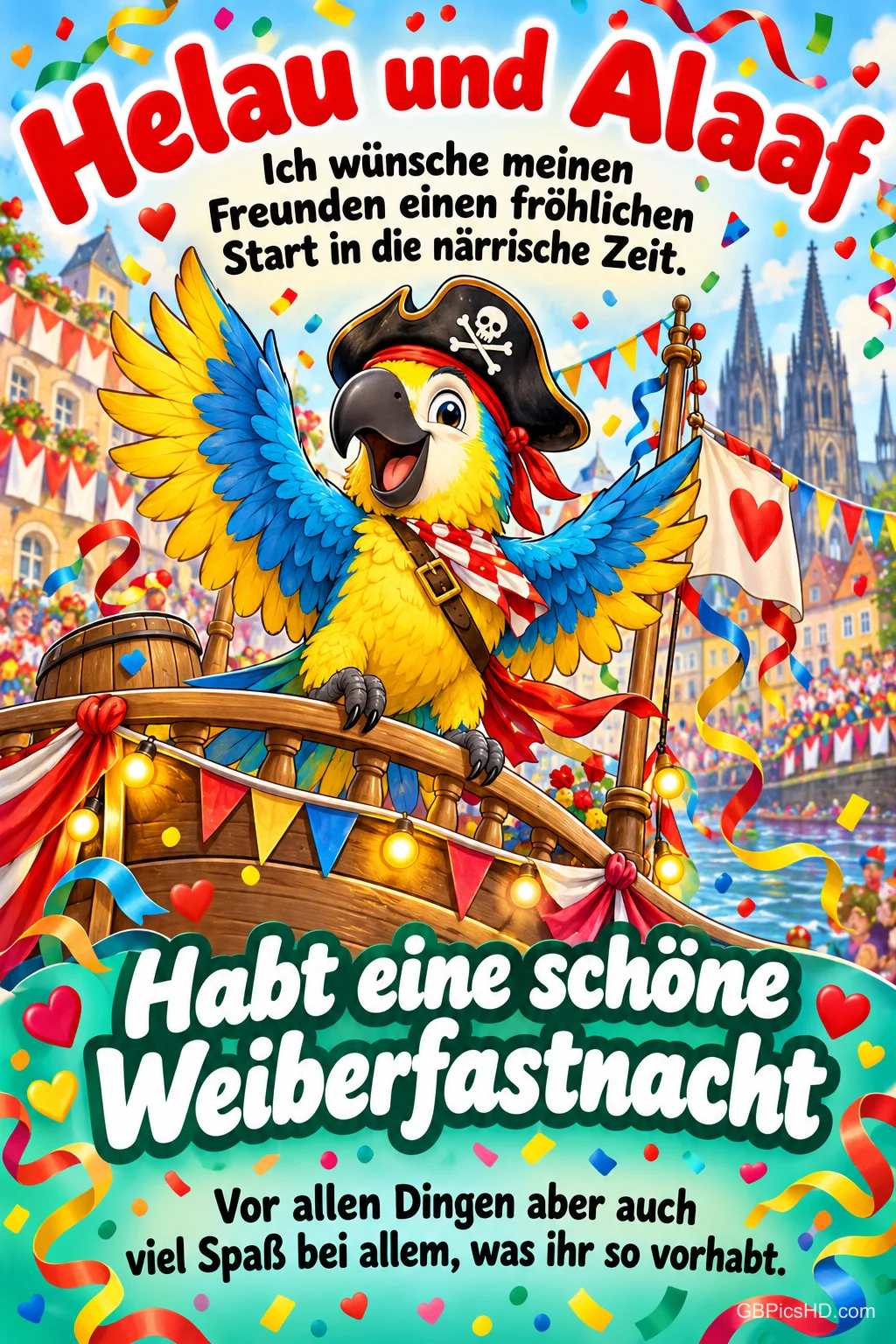 Papagei mit Piratenhut auf einem geschmückten Karnevalsschiff vor Konfetti und Domtürmen, Schrift "Helau und Alaaf" und "Habt eine schöne Weiberfastnacht" Papagei mit Piratenhut auf einem geschmückten Karnevalsschiff vor Konfetti und Domtürmen, Schrift "Helau und Alaaf" und "Habt eine schöne Weiberfastnacht"