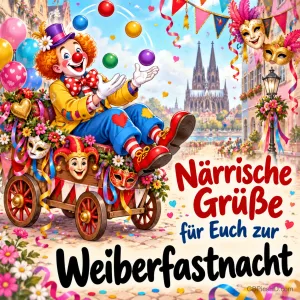 Clown jongliert auf einem bunten Karnevalswagen mit Masken und Luftschlangen vor einer Altstadt mit Dom, Schrift "Närrische Grüße für Euch zur Weiberfastnacht"