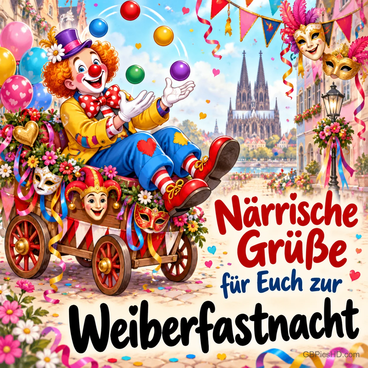 Clown jongliert auf einem bunten Karnevalswagen mit Masken und Luftschlangen vor einer Altstadt mit Dom, Schrift "Närrische Grüße für Euch zur Weiberfastnacht" Clown jongliert auf einem bunten Karnevalswagen mit Masken und Luftschlangen vor einer Altstadt mit Dom, Schrift "Närrische Grüße für Euch zur Weiberfastnacht"