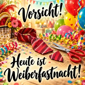 Eine rote Schere hat eine gestreifte Krawatte abgeschnitten, umgeben von Luftballons, Konfetti und Luftschlangen, Schrift "Vorsicht! Heute ist Weiberfastnacht!"
