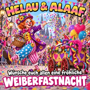 Clownin mit Blumenhut tanzt beim Karnevalsumzug vor einem bunten Wagen und Luftballons, Schrift "Helau & Alaaf" und "Wünsche euch allen eine fröhliche Weiberfastnacht"