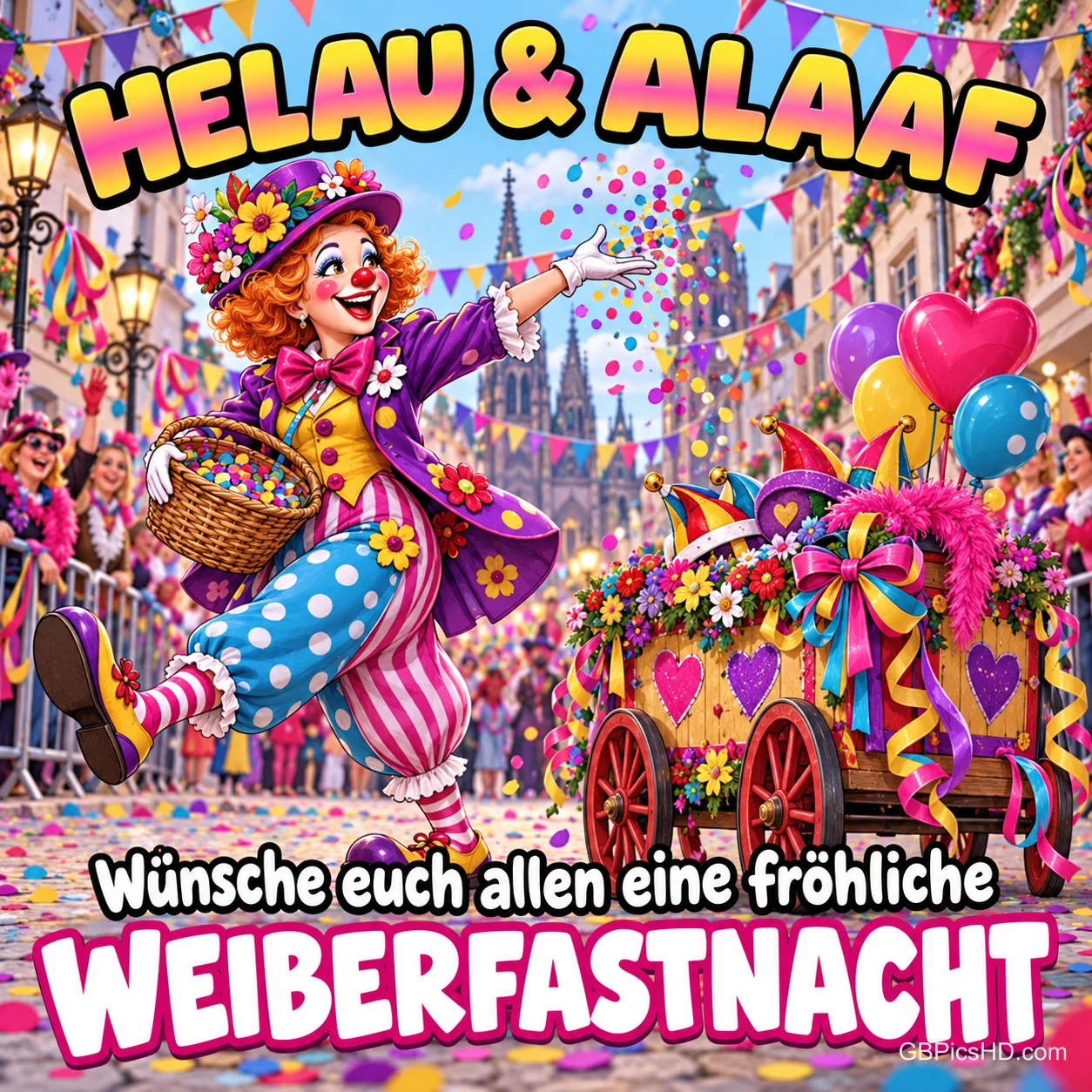 Clownin mit Blumenhut tanzt beim Karnevalsumzug vor einem bunten Wagen und Luftballons, Schrift "Helau & Alaaf" und "Wünsche euch allen eine fröhliche Weiberfastnacht" Clownin mit Blumenhut tanzt beim Karnevalsumzug vor einem bunten Wagen und Luftballons, Schrift "Helau & Alaaf" und "Wünsche euch allen eine fröhliche Weiberfastnacht"