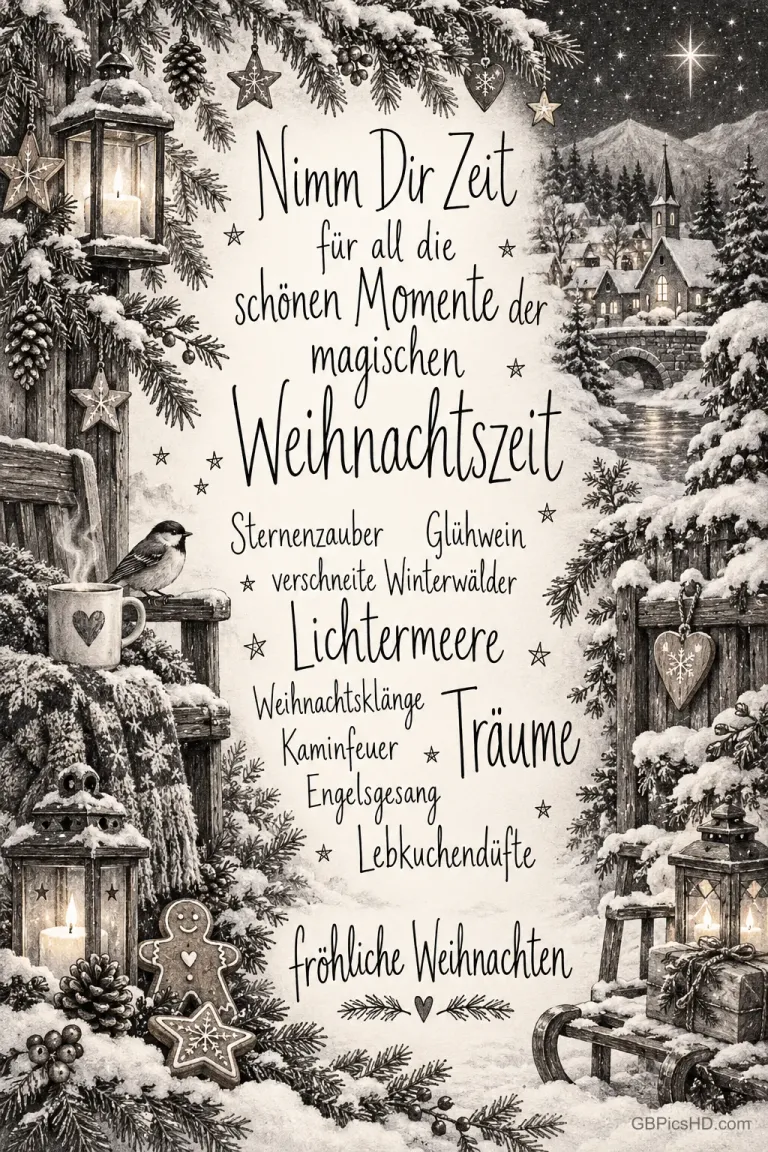 Eine verschneite Dorfszene mit Kirche, Laternen, Tannenzweigen und einem Vogel rahmt den Text "Fröhliche Weihnachten".