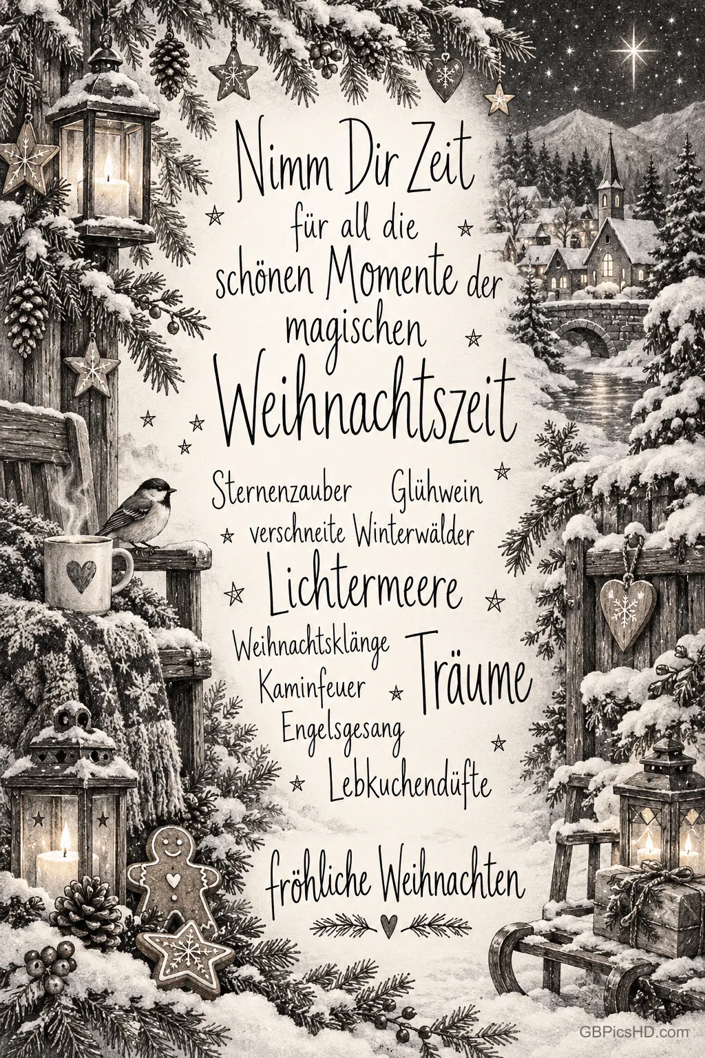 Eine verschneite Dorfszene mit Kirche, Laternen, Tannenzweigen und einem Vogel rahmt den Text "Fröhliche Weihnachten".
