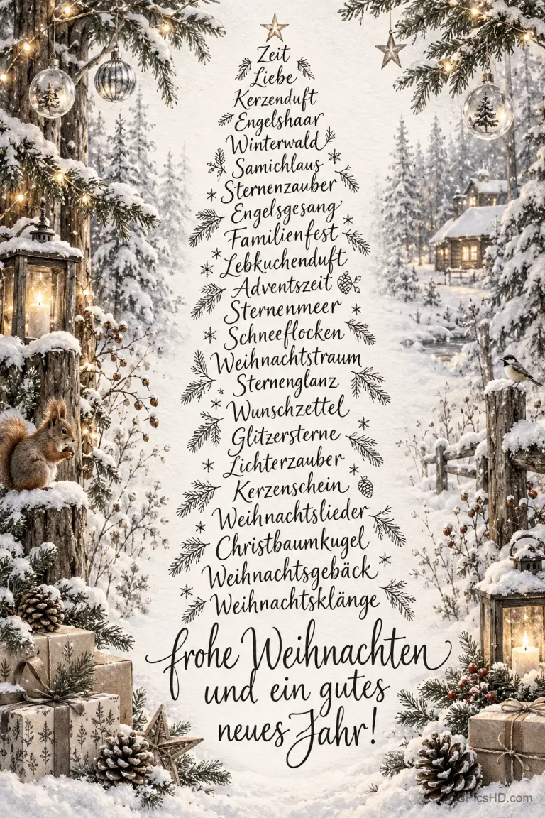 Wörter in Tannenbaumform zwischen Schnee, Laternen und Geschenken mit "Frohe Weihnachten und ein gutes neues Jahr!".