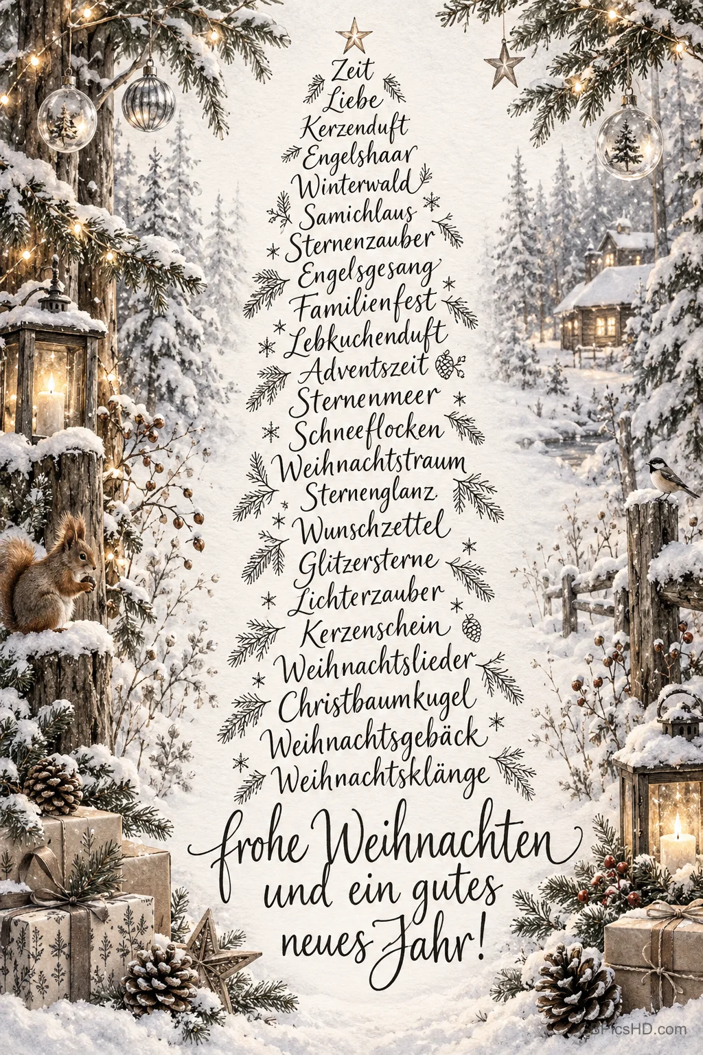 Wörter in Tannenbaumform zwischen Schnee, Laternen und Geschenken mit "Frohe Weihnachten und ein gutes neues Jahr!".
