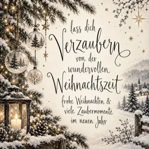 Glaskugeln und eine Kerzenlaterne vor einer verschneiten Landschaft mit "Lass dich verzaubern von der wundervollen Weihnachtszeit".