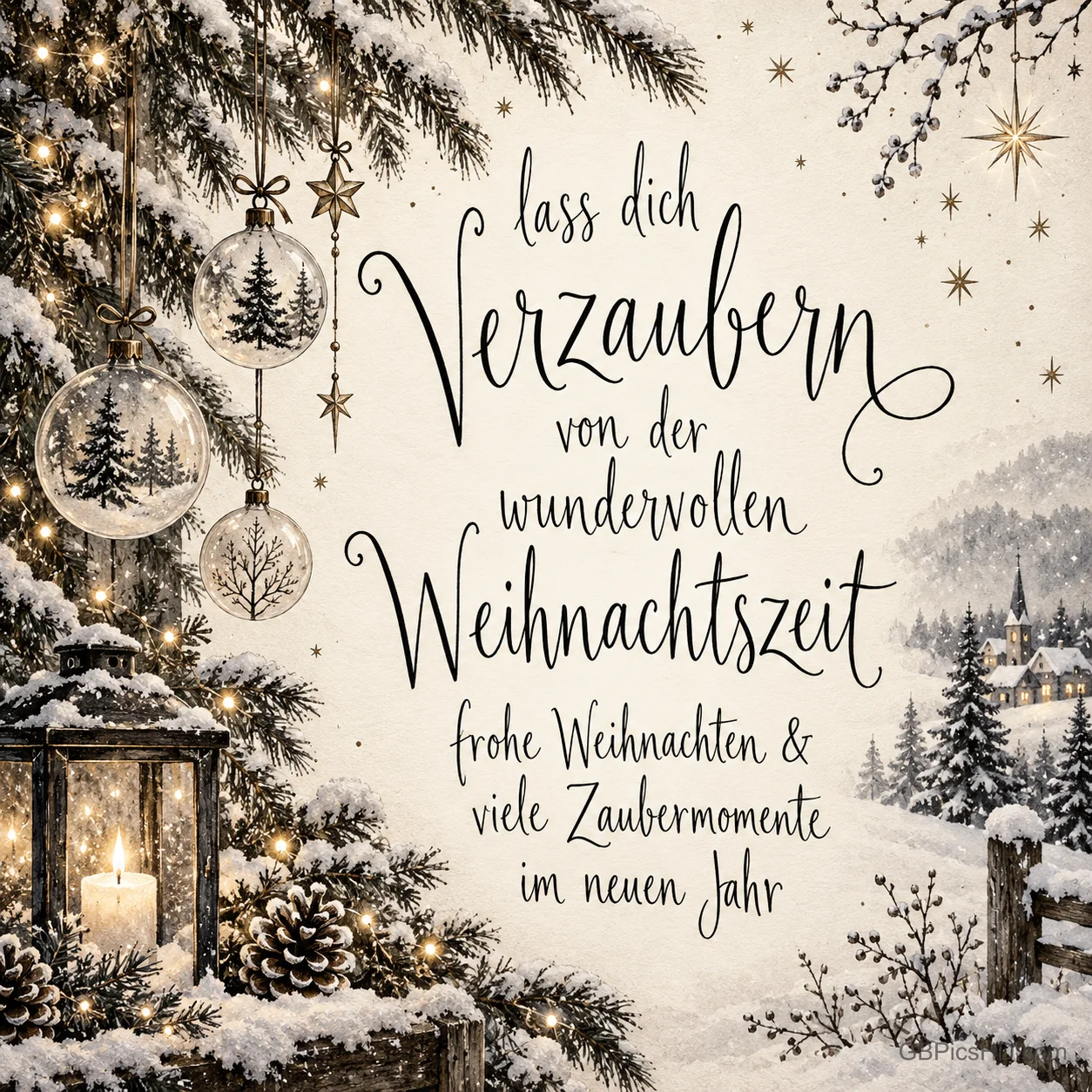 Glaskugeln und eine Kerzenlaterne vor einer verschneiten Landschaft mit "Lass dich verzaubern von der wundervollen Weihnachtszeit".
