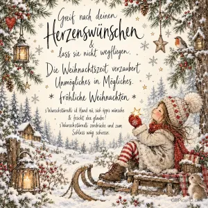Ein Mädchen sitzt mit einer roten Kugel auf einem Schlitten im Schnee neben einem Hasen; darüber steht "fröhliche Weihnachten".