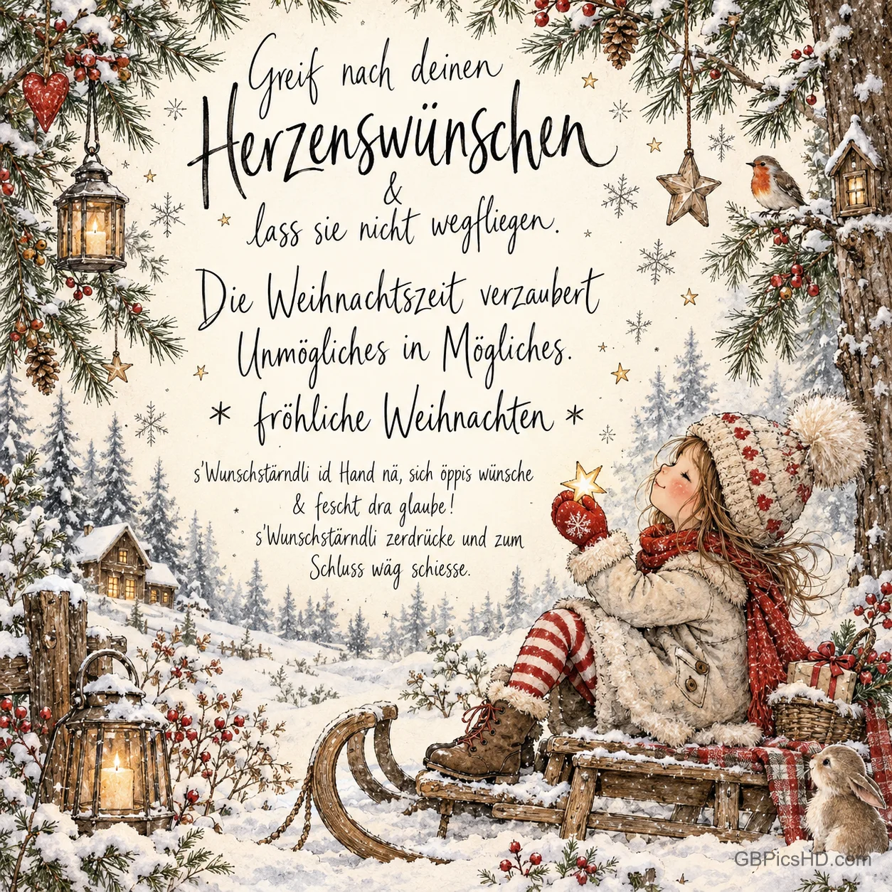 Ein Mädchen sitzt mit einer roten Kugel auf einem Schlitten im Schnee neben einem Hasen; darüber steht "fröhliche Weihnachten".