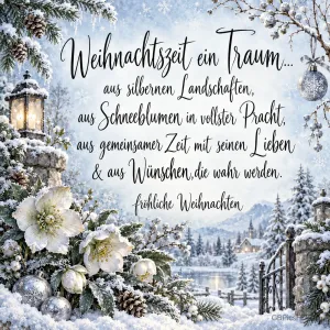 Verschneite Christrosen, Laternen und ein Dorf begleiten den Gruß "Fröhliche Weihnachten".